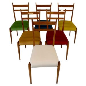 Sei Sedie Art Deco Italiane in Noce con Sedute in Velluto Multicolore, Anni ’50